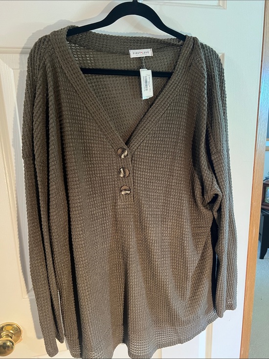 First Love Sweaters - First Love Olive Waffle Knit Henley Top with Button Placket